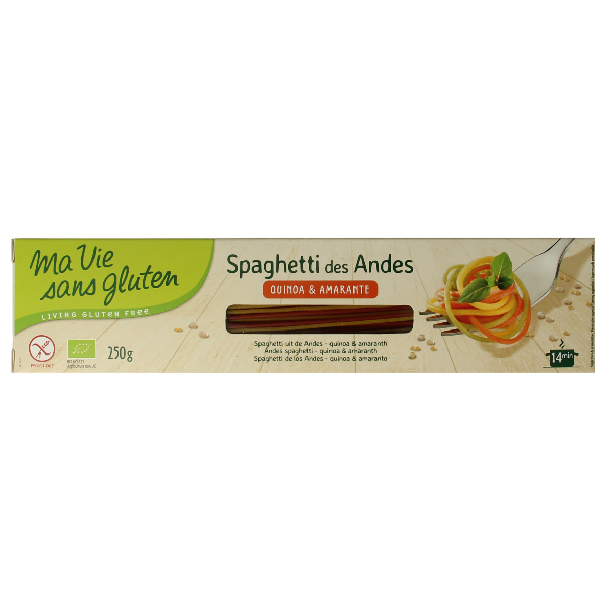 Ma Vie Sans Tricolor gluten-free organic spaghetti made from rice, 250g, with colorful pasta strands in a bowl.
