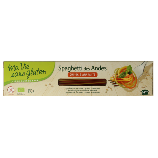 Ma Vie Sans Tricolor gluten-free organic spaghetti made from rice, 250g, with colorful pasta strands in a bowl.