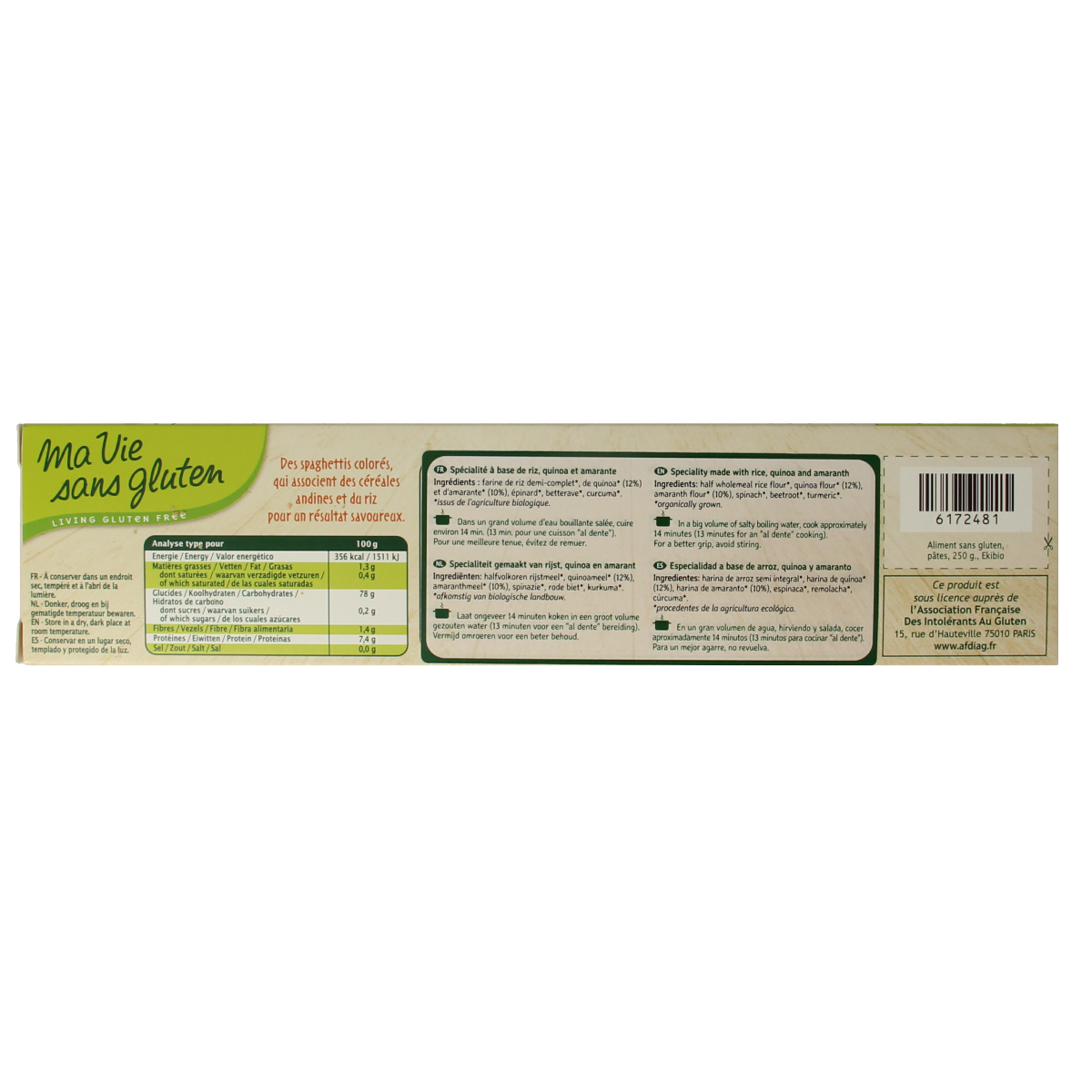 Ma Vie Sans Tricolor gluten-free spaghetti pasta made from rice, 250g, with vibrant multicolored strands in a close-up image.
