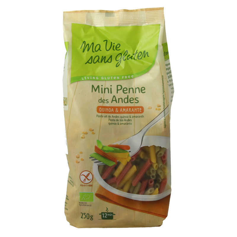 Ma Vie Sans Tricolor mini penne gluten-free organic pasta in 250g package, showcasing colorful pasta shapes on the package.