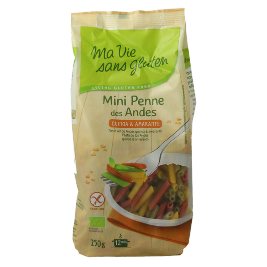 Ma Vie Sans Tricolor mini penne gluten-free organic pasta in 250g package, showcasing colorful pasta shapes on the package.
