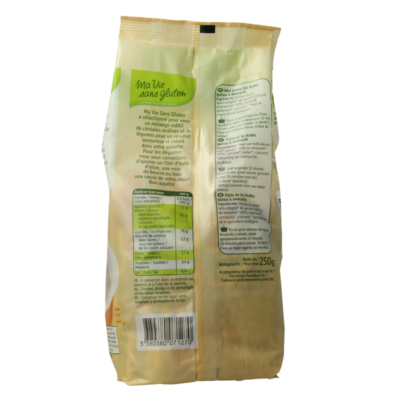 Ma Vie Sans Tricolor mini penne gluten-free organic pasta in a 250g package, showcasing colorful pasta shapes on a white background.