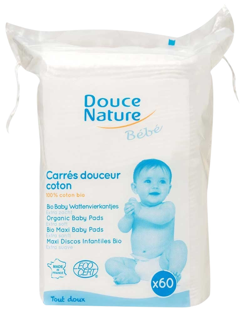 Soft organic cotton baby washcloths from Douce Nature, 60 pieces, gentle and breathable for infant and toddler skincare.