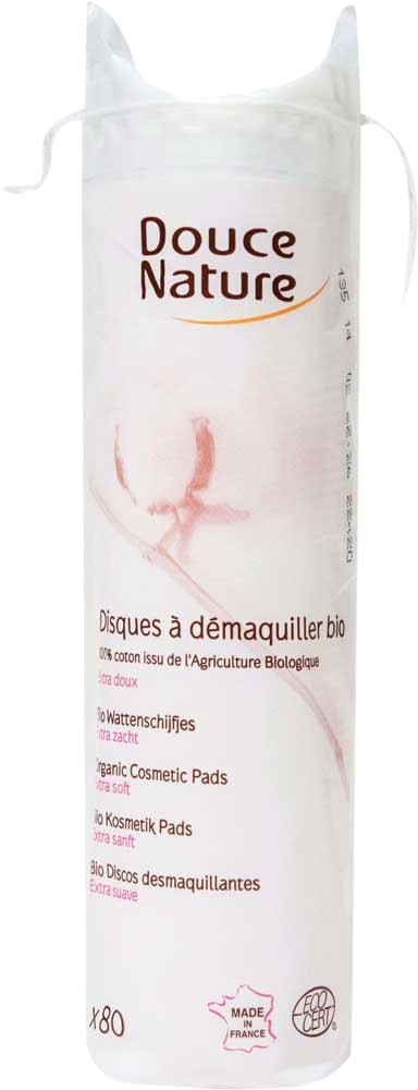 Douce Nature organic cotton facial pads, 80 pieces, soft and eco-friendly for gentle skincare and face cleansing.
