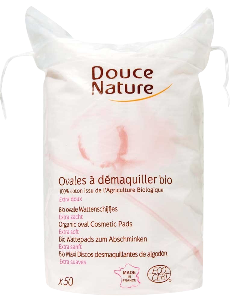 Douce Nature organic cotton oval facial cleansing pads, 50 pieces, for gentle skincare and face cleansing.