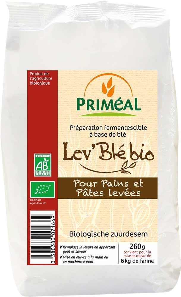 Primeal bio sourdough wheat flour in 260g package, natural bakery ingredient for bread and baking.