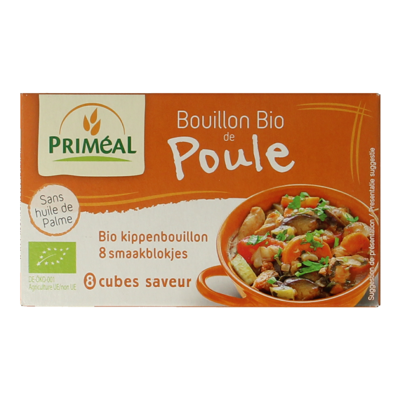 Primeal organic chicken bouillon cubes, 10g each, 8-pack, ideal for soups and broths, natural and flavorful.