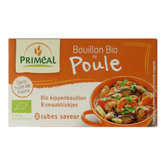 Primeal organic chicken bouillon cubes, 10g each, 8-pack, ideal for soups and broths, natural and flavorful.