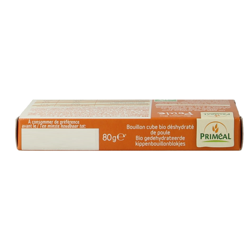 Primeal organic chicken broth cubes, 10g each, 8-pack, for soups and broths, natural flavor, in a clear package.