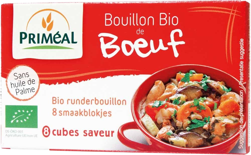 Primeal organic beef bouillon cubes, 10g each, for soups and broths, shown in a package of 8.