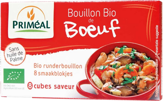 Primeal organic beef bouillon cubes, 10g each, for soups and broths, shown in a package of 8.