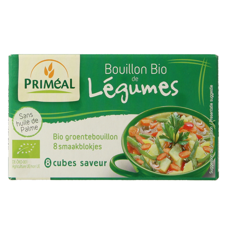 Primeal Groentebouillon blokjes, 8 bio smaakmakers in 9g cubes, fresh vegetables on packaging for sauces and flavoring