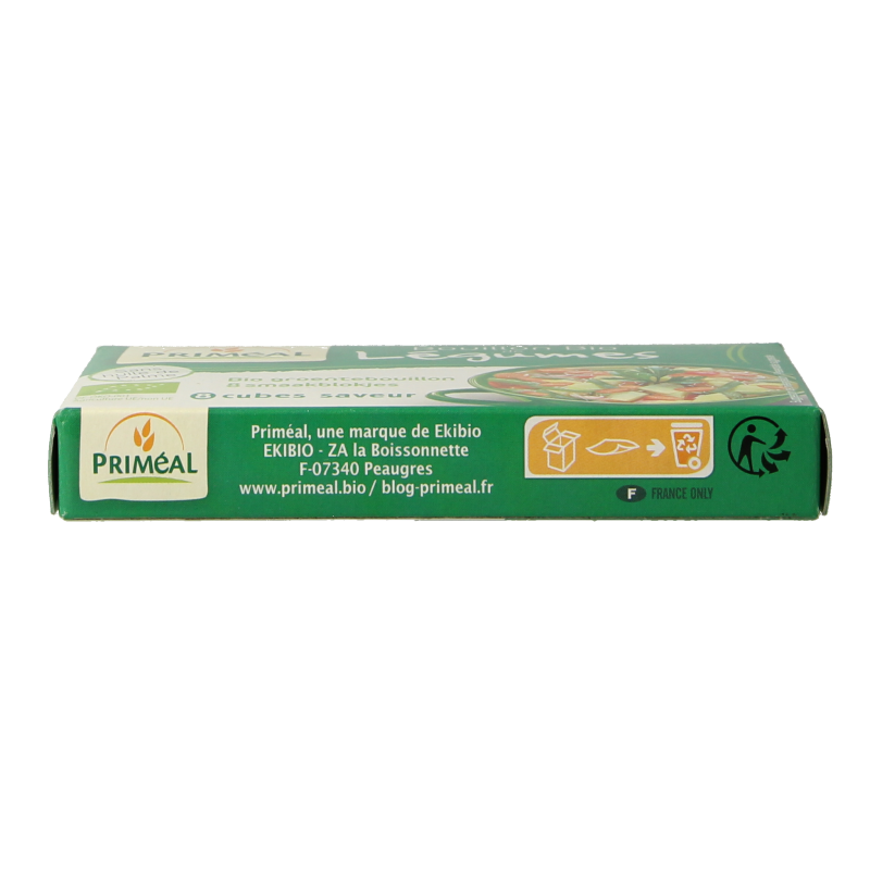 Primeal organic vegetable bouillon cubes, 9g each, 8-pack, in a natural sauce and flavoring product image.