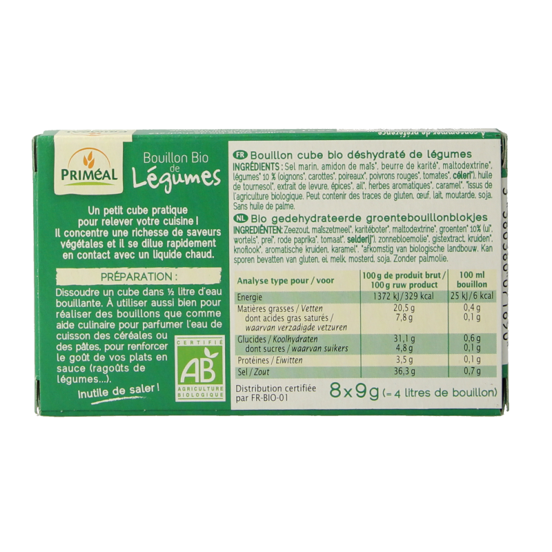 Primeal organic vegetable bouillon cubes, 9g each, 8-pack, in a box, used for sauces and flavoring in cooking.