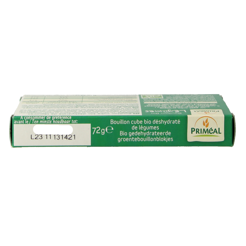 Primeal organic vegetable bouillon cubes, 9g each, in a pack of 8, used for flavoring sauces and cooking.