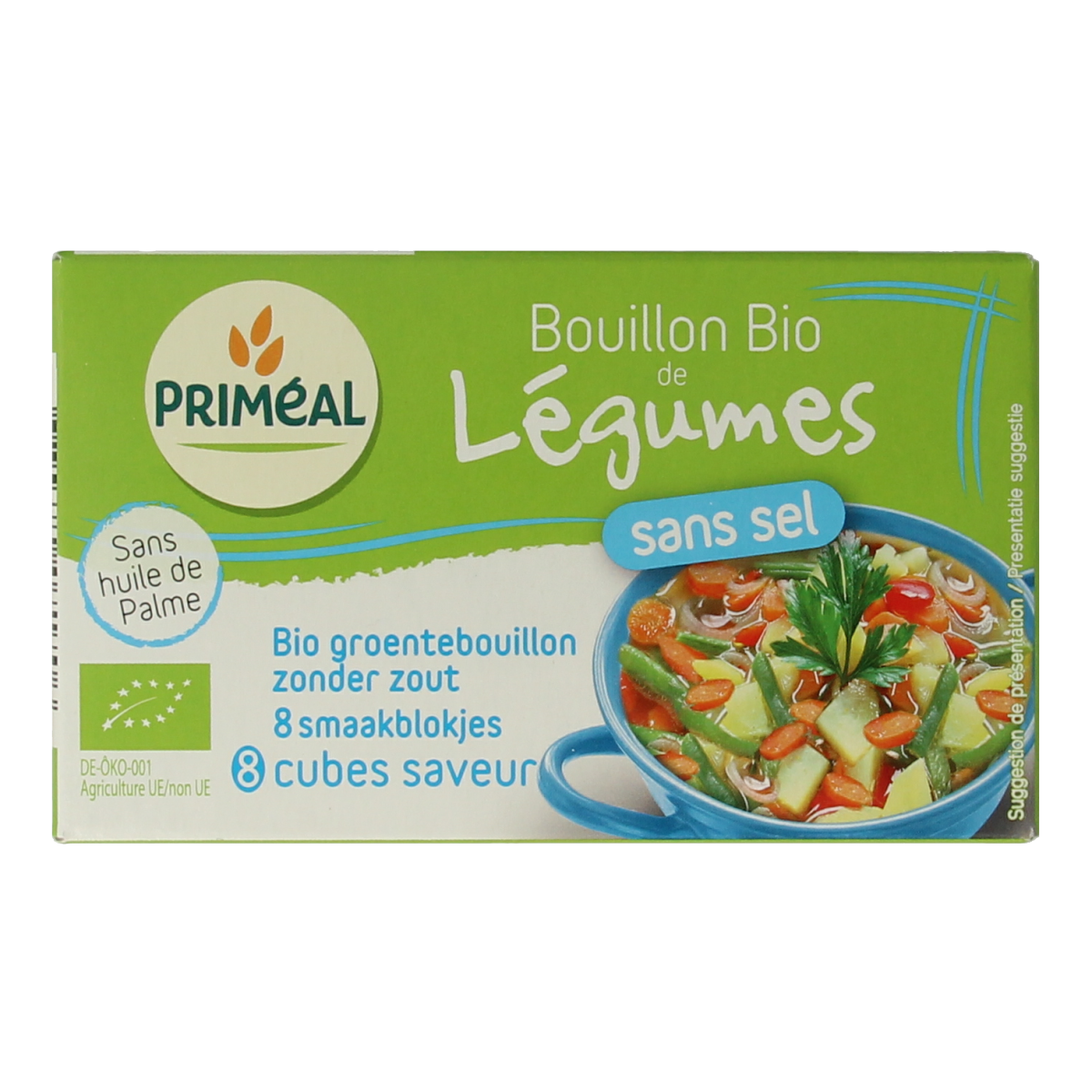 Primeal bio vegetable bouillon cubes without salt, 9g each, in a pack of 8 for sauces and flavoring.