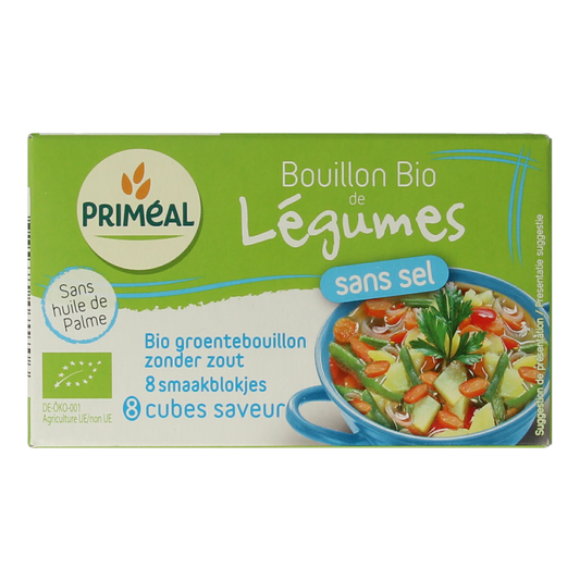 Primeal bio vegetable bouillon cubes without salt, 9g each, in a pack of 8 for sauces and flavoring.