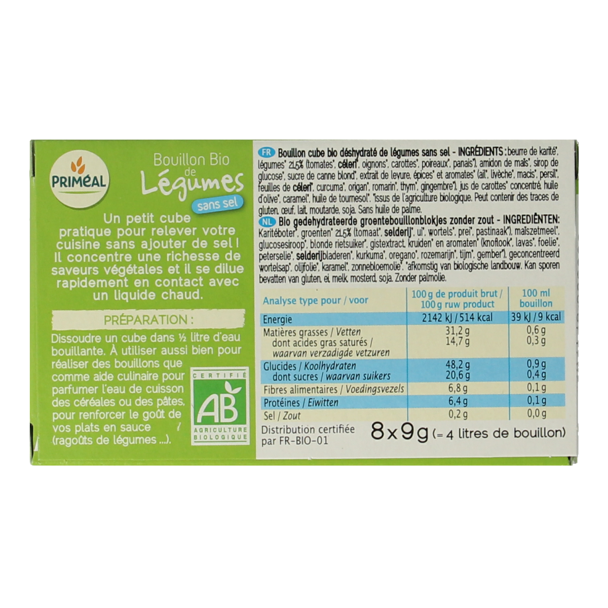 Primeal organic salt-free vegetable bouillon cubes in 9g packs, 8 pieces, ideal for sauces and flavoring.