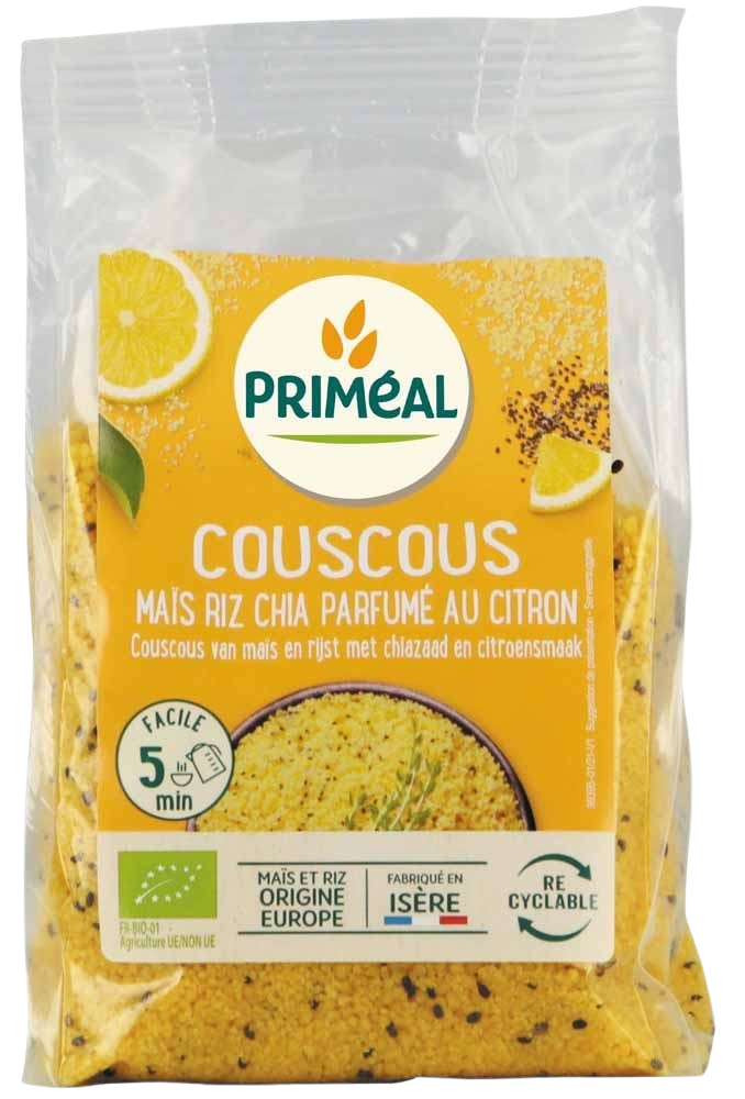 Primeal organic couscous, corn rice, and chia pasta in 300g package, with a lemon flavor and natural ingredients.