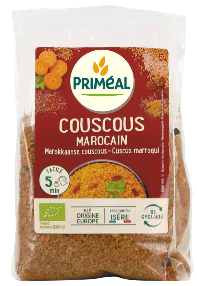 Primeal organic Moroccan couscous pasta in a 300g package, showing the light, granular texture of the traditional dish.