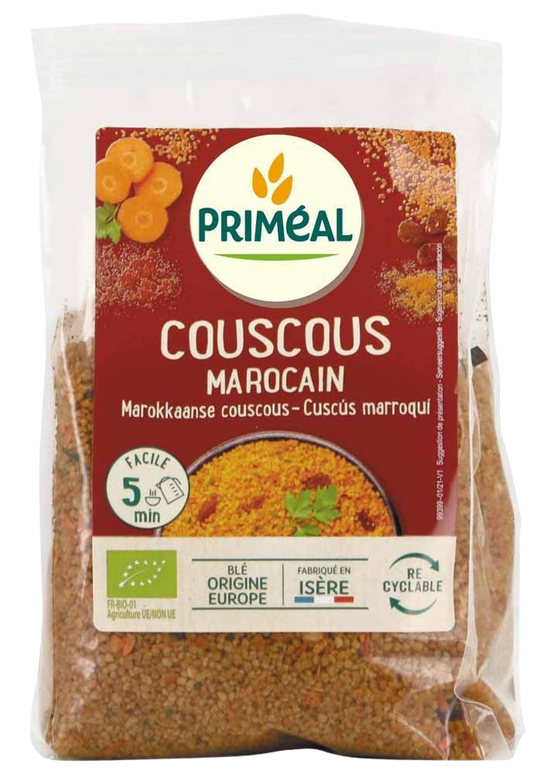 Primeal organic Moroccan couscous pasta in a 300g package, showing the light, granular texture of the traditional dish.
