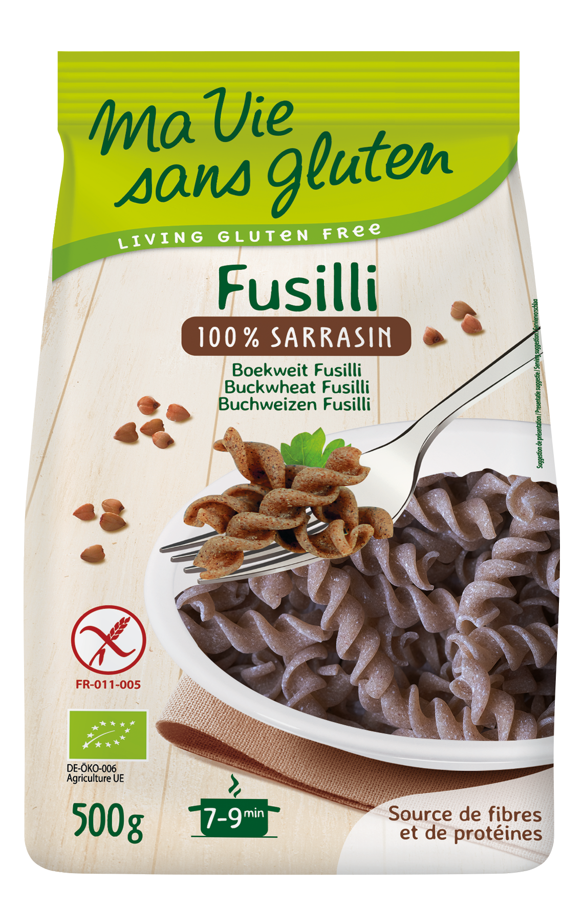 Gluten-free buckwheat fusilli pasta from Ma Vie Sans, 500 grams, in a clear image showing the pasta shape and packaging.