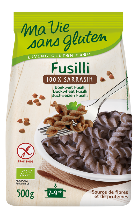 Gluten-free buckwheat fusilli pasta from Ma Vie Sans, 500 grams, in a clear image showing the pasta shape and packaging.