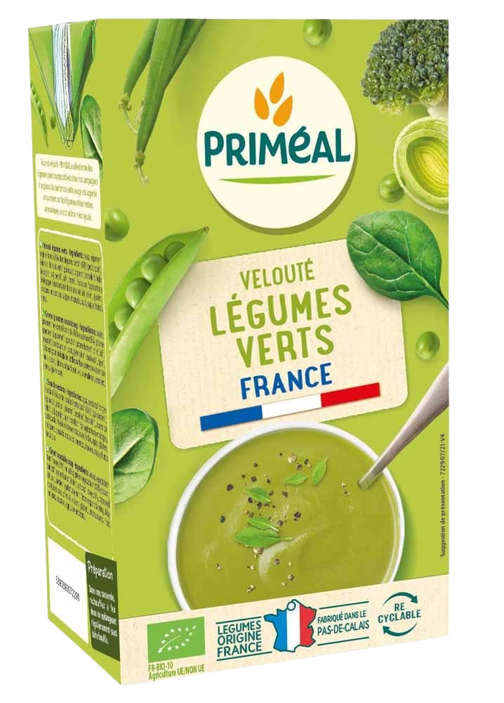 Primeal green vegetable velouté soup in a 1-liter container, organic, smooth, and creamy, perfect for healthy meals.