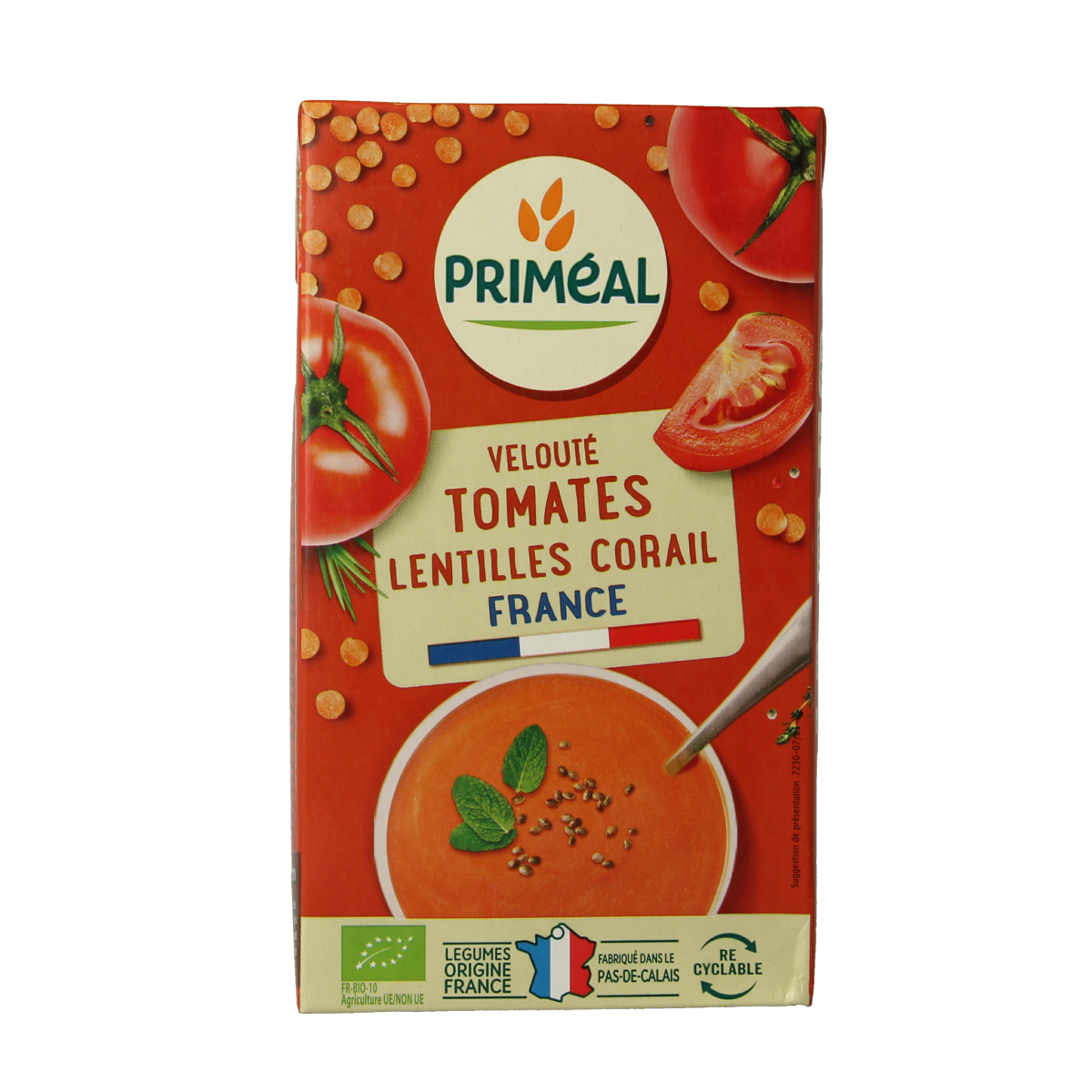 Primeal Veloute gebonden tomaat-linzen soep in 1L, bio, smooth and creamy, perfect for soups and bouillons.
