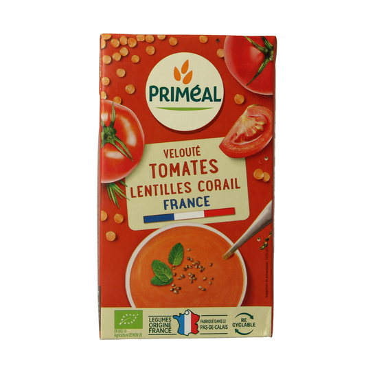 Primeal Veloute gebonden tomaat-linzen soep in 1L, bio, smooth and creamy, perfect for soups and bouillons.