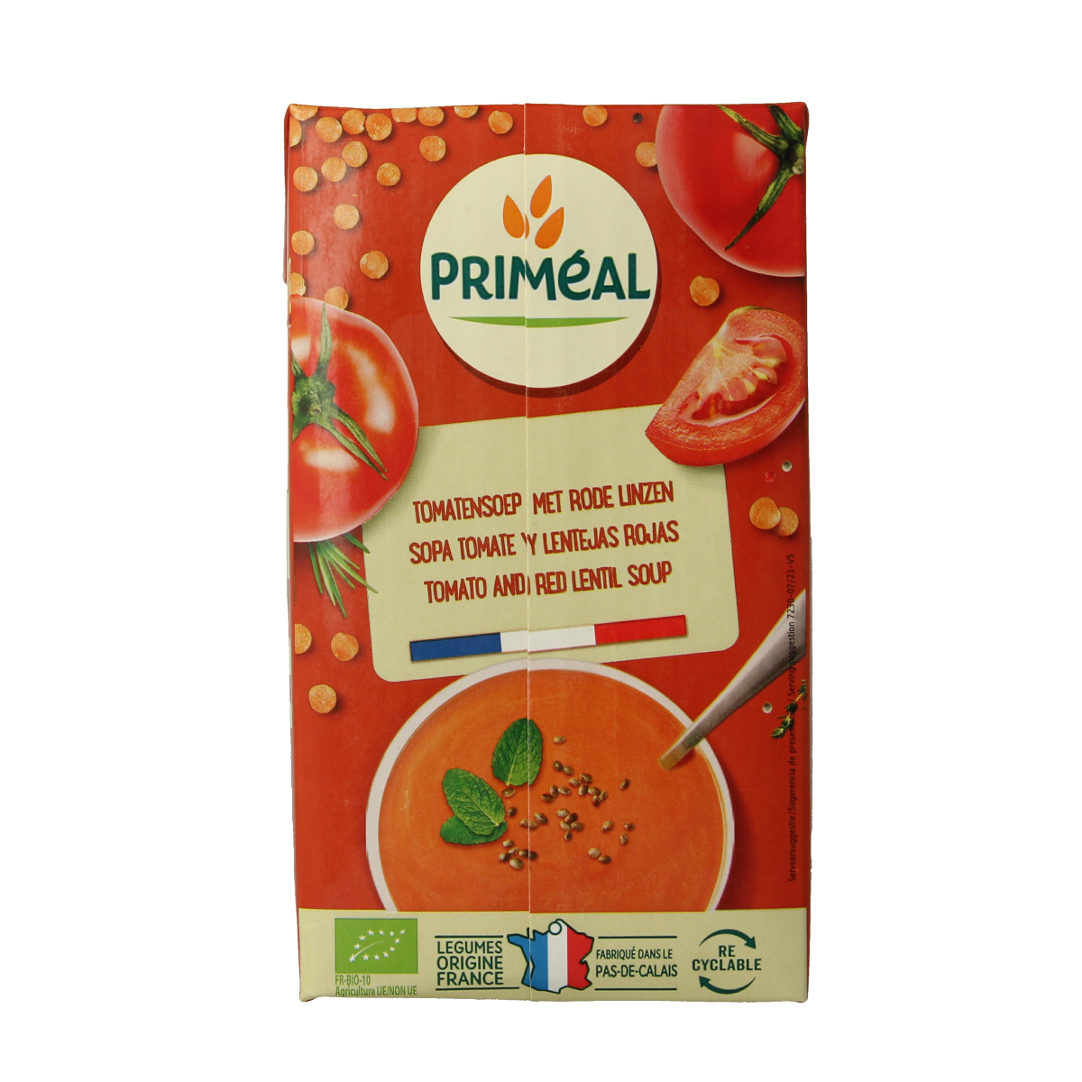 Primeal organic tomato and lentil velouté soup in a 1-liter container, showcasing a smooth, creamy texture with fresh ingredients.