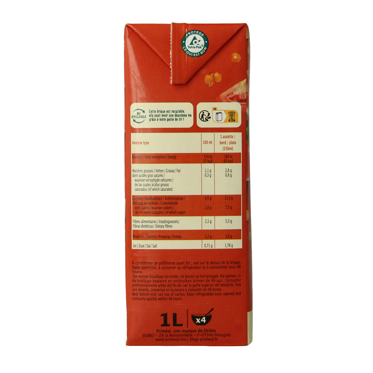Primeal Veloute gebonden soep tomaat en linzen, biologische soep in 1 liter container, rich tomato and lentil flavor.