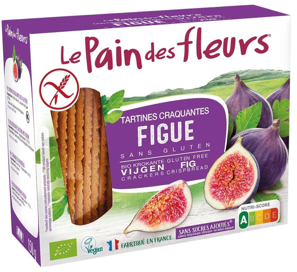 Pain Des Fleurs gluten-free fig crackers, crispy bio broden and crackers, 150g, shown in a close-up image.