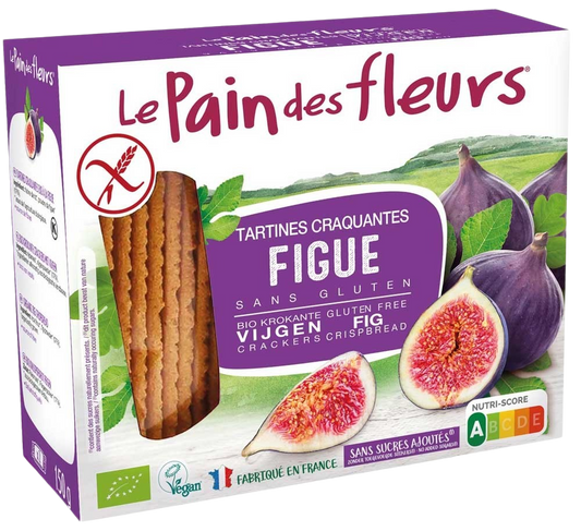 Pain Des Fleurs gluten-free fig crackers, crispy bio broden and crackers, 150g, shown in a close-up image.