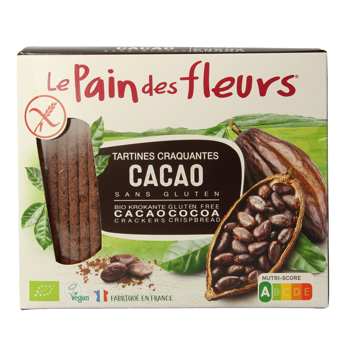 Pain Des Fleurs cacao gluten-free crunchy crackers in a 160g package, showcasing the crispy texture and dark chocolate flavor.