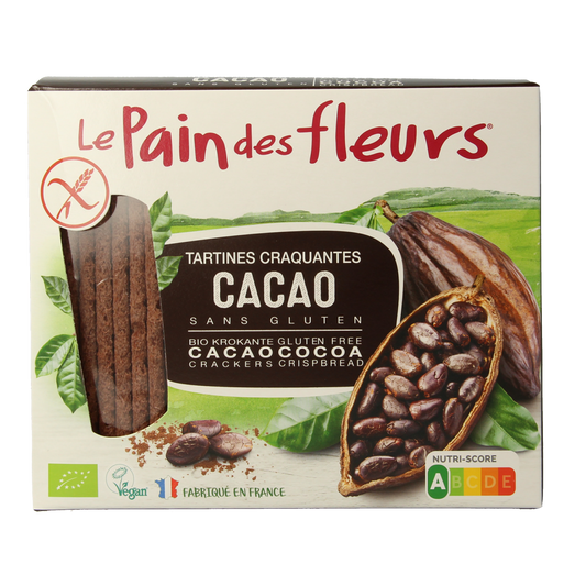 Pain Des Fleurs cacao gluten-free crunchy crackers in a 160g package, showcasing the crispy texture and dark chocolate flavor.