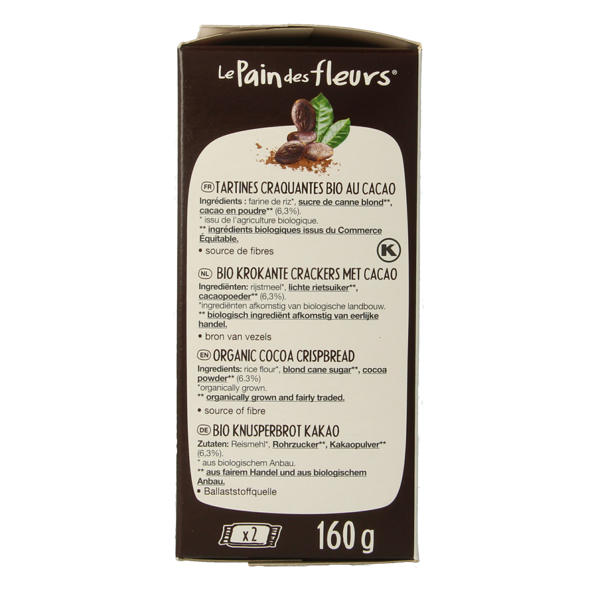Pain Des Fleurs cacao gluten-free crispy crackers in 160g package, featuring a rich chocolate flavor and natural ingredients.