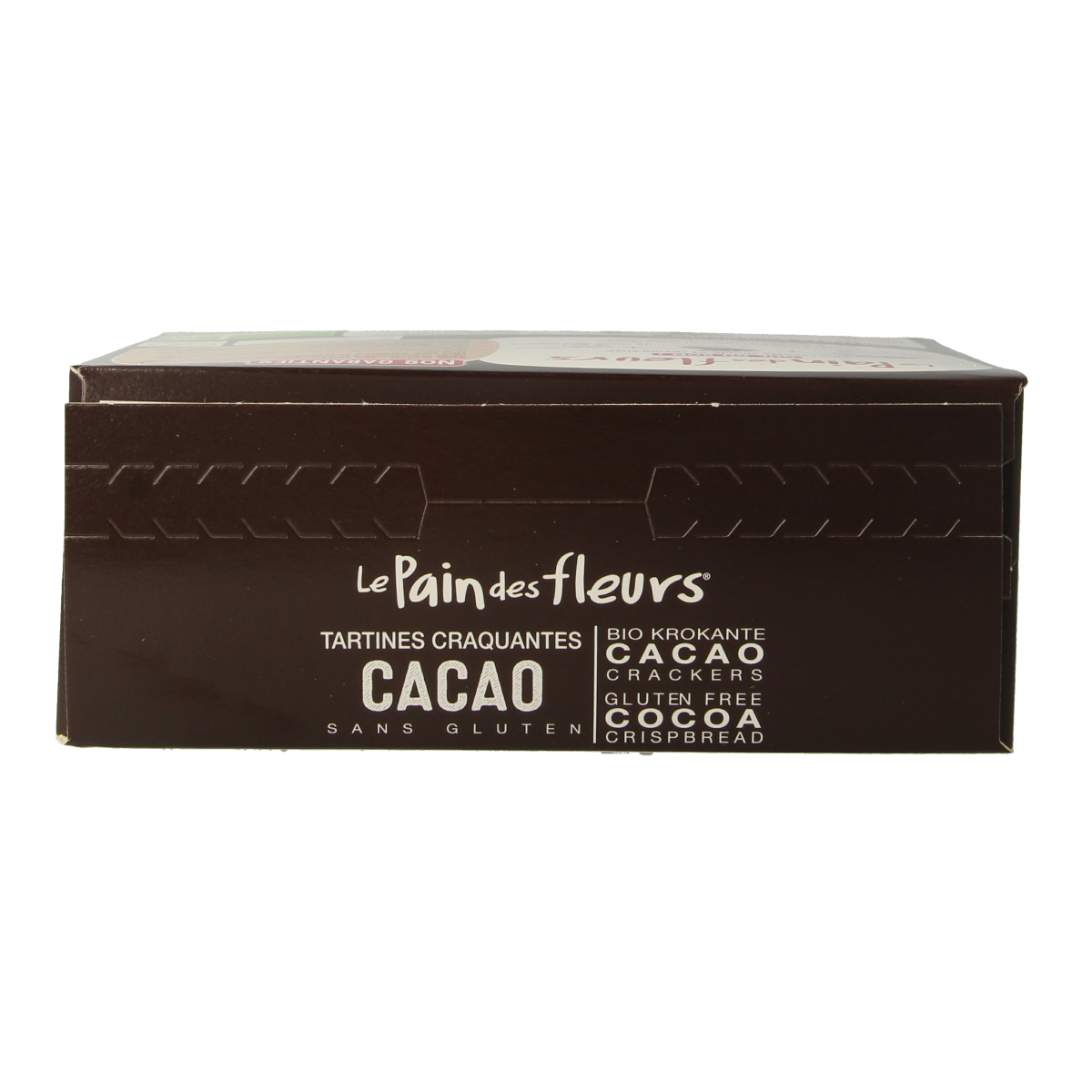 Pain Des Fleurs cacao gluten-free crispy crackers in a 160g package, featuring a golden-brown texture and chocolate flavor.