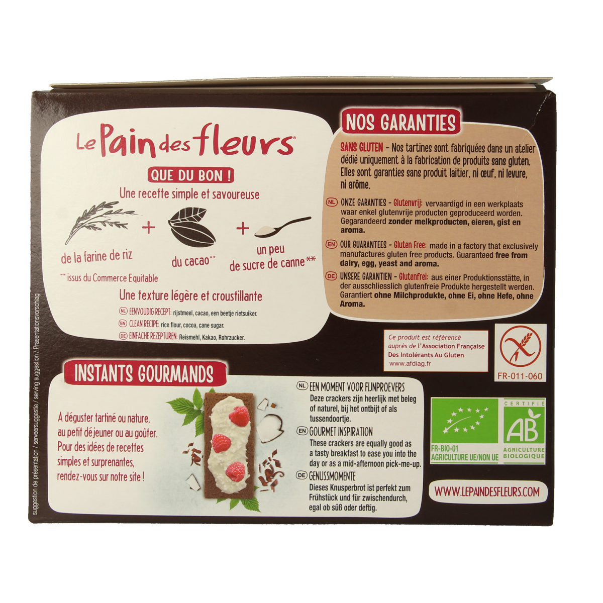 Pain Des Fleurs cacao gluten-free crunchy crackers in a 160g package, showcasing the crispy, chocolate-flavored gluten-free bread.