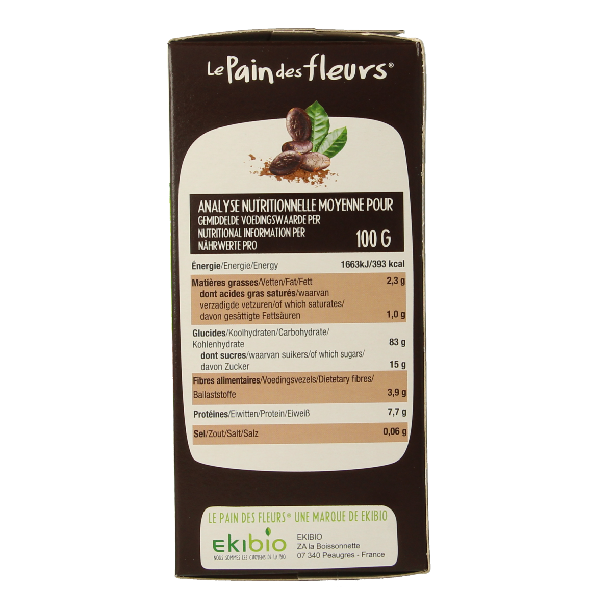 Pain Des Fleurs gluten-free cacao-flavored crispy crackers in 160g package, ideal for snacking or pairing with spreads.