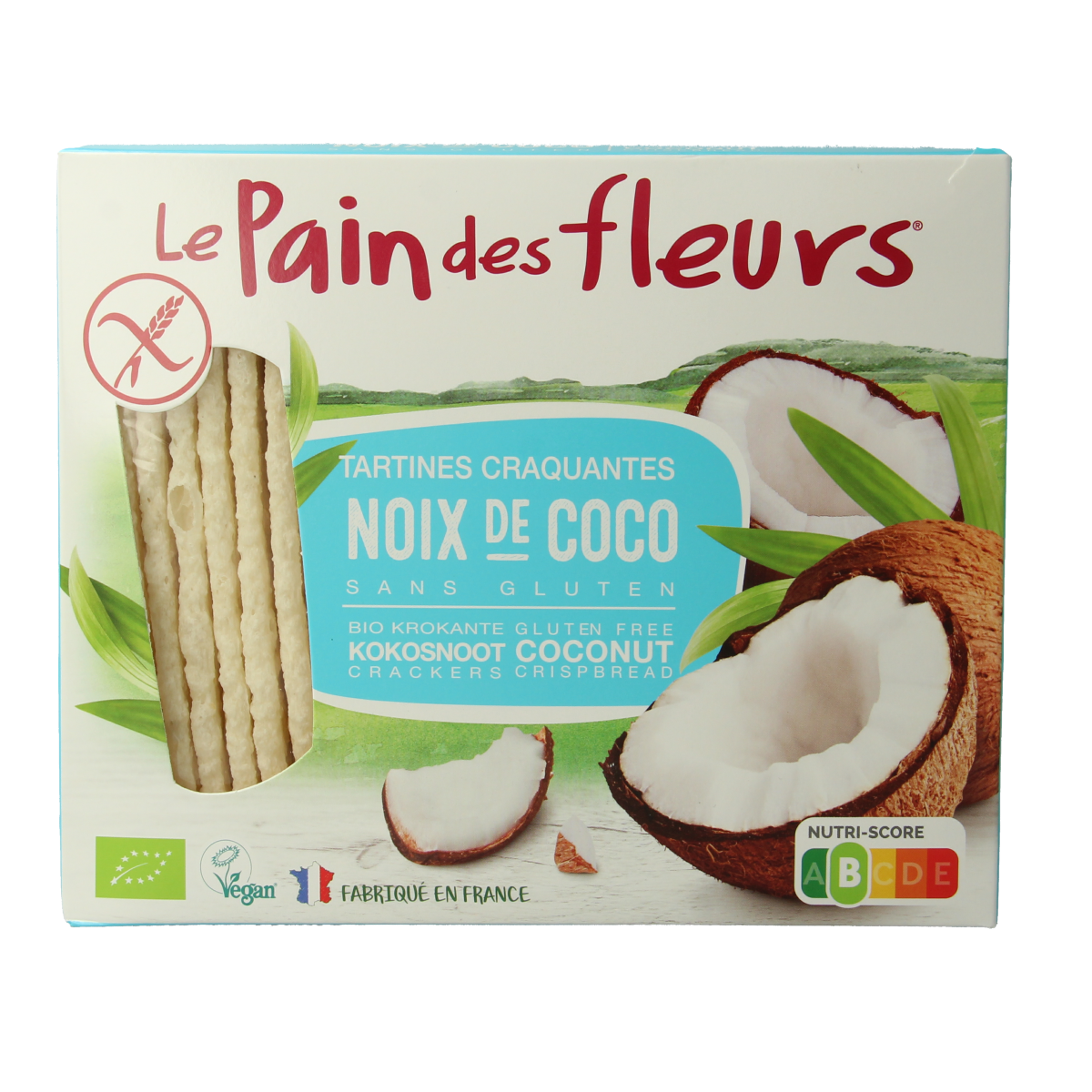 Krokante Pain Des Fleurs kokos glutenvrije bio crackers in 150g package, crispy and flavorful gluten-free bread and cracker product