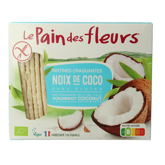Krokante Pain Des Fleurs kokos glutenvrije bio crackers in 150g package, crispy and flavorful gluten-free bread and cracker product
