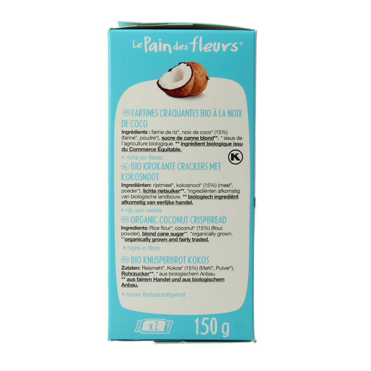 Pain Des Fleurs gluten-free coconut crispy crackers in 150g package, showcasing the golden, flaky texture of these organic bread and crackers.