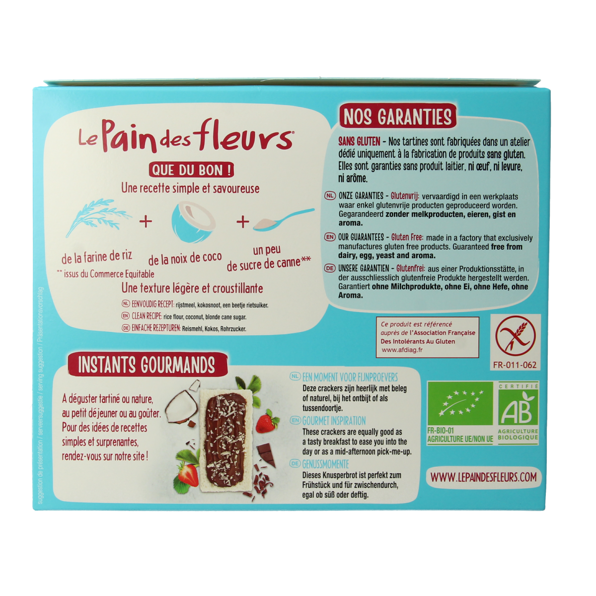 Pain Des Fleurs gluten-free coconut crispy crackers in a 150g package, showcasing golden, textured coconut-flavored bread and crackers.