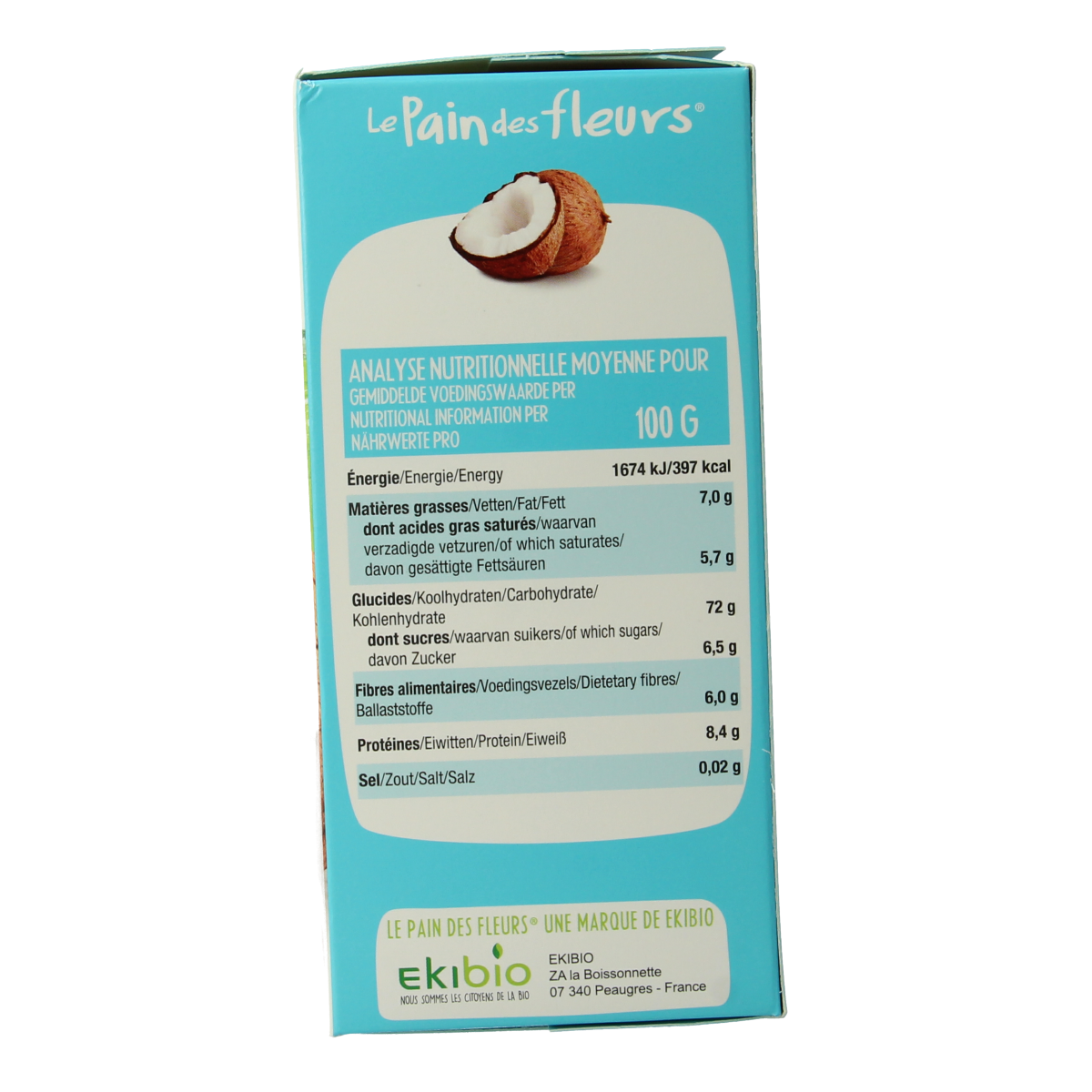 Pain Des Fleurs gluten-free coconut crispbread crackers in 150g package, crunchy, bio, and suitable for snacking or toppings.
