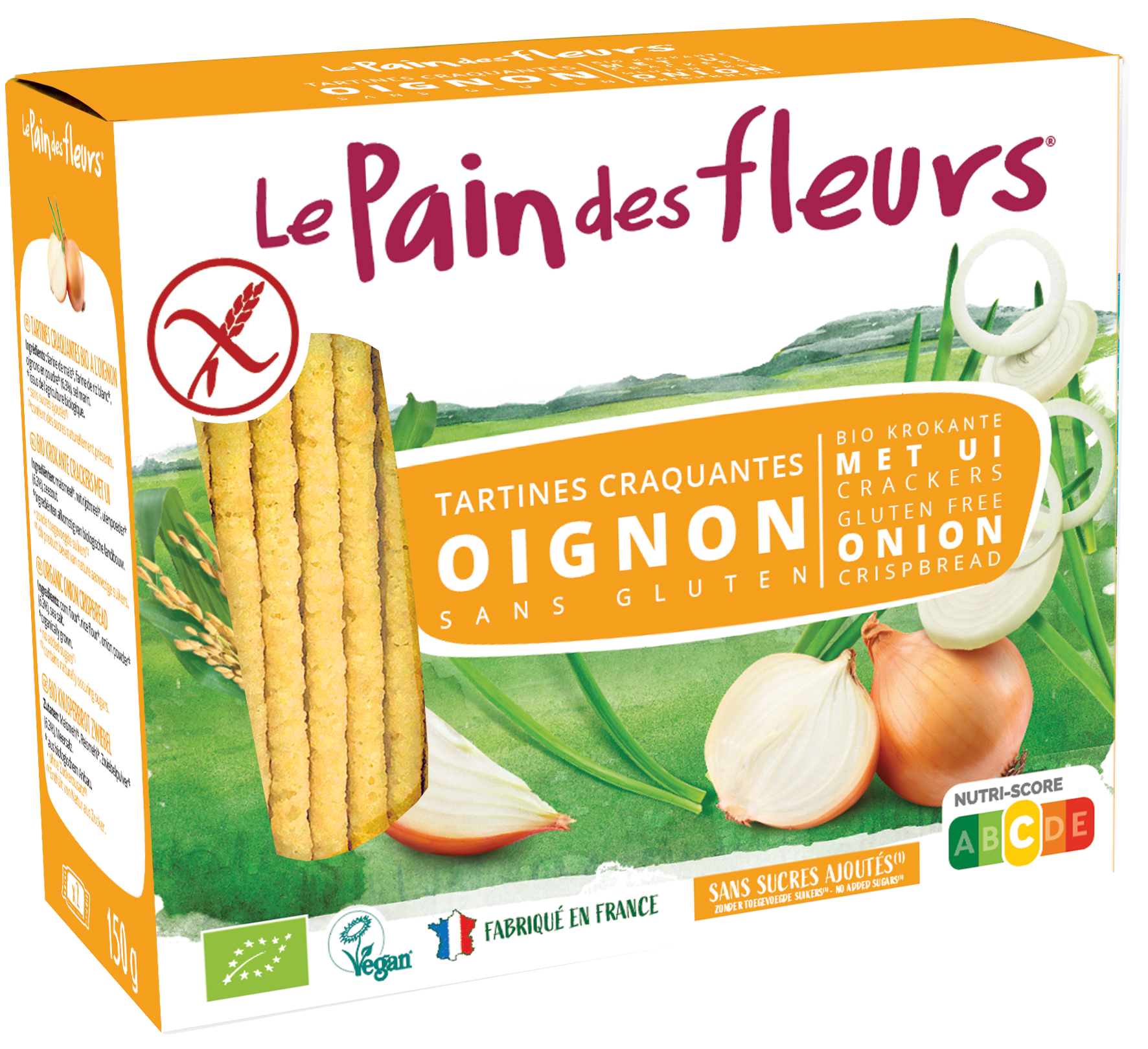 Pain Des Fleurs gluten-free crispy crackers in a 150g package, showcasing the golden, flaky texture of these organic bread and crackers.