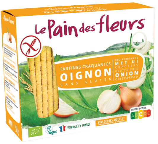 Pain Des Fleurs gluten-free crispy crackers in a 150g package, showcasing the golden, flaky texture of these organic bread and crackers.