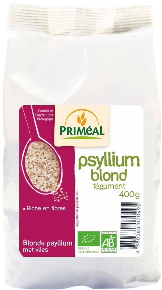Primeal Blonde Psyllium with Vlies, organic dietary supplement in 400g package, used as a meal replacer or fiber supplement