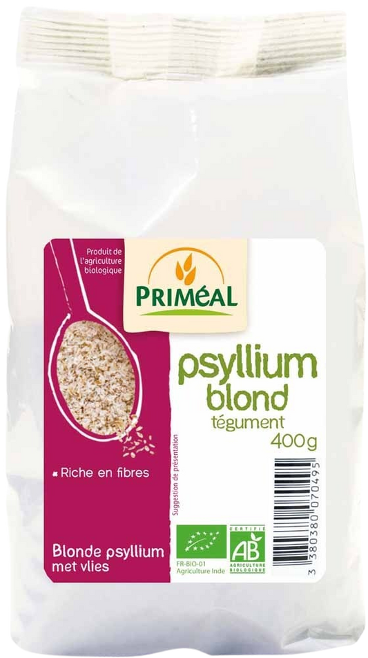 Primeal Blonde Psyllium with Vlies, organic dietary supplement in 400g package, used as a meal replacer or fiber supplement