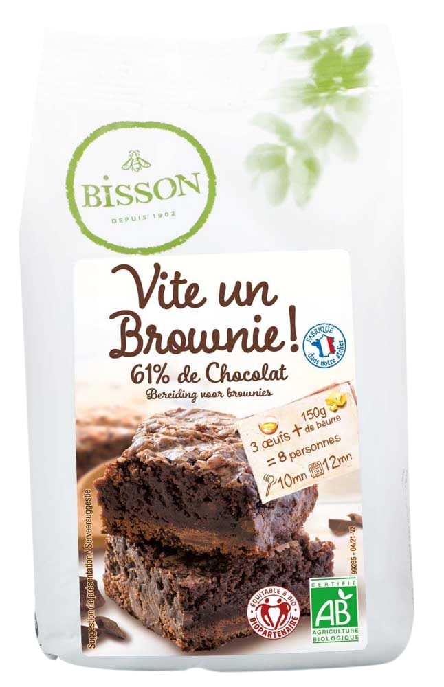 Bisson Bakmix voor brownies bio in 350g packet, organic baking mix for homemade brownies on a white background.
